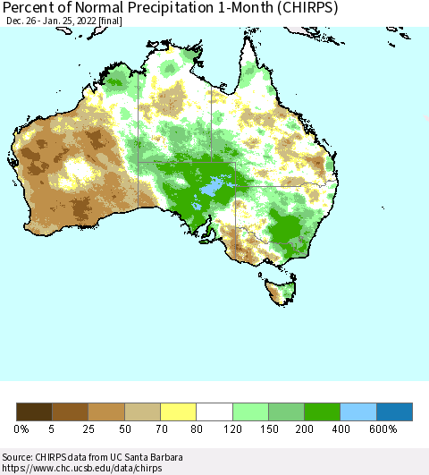 Australia Percent of Normal Precipitation 1-Month (CHIRPS) Thematic Map For 12/26/2021 - 1/25/2022