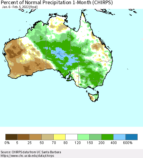 Australia Percent of Normal Precipitation 1-Month (CHIRPS) Thematic Map For 1/6/2022 - 2/5/2022