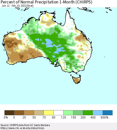 Australia Percent of Normal Precipitation 1-Month (CHIRPS) Thematic Map For 1/11/2022 - 2/10/2022