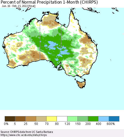 Australia Percent of Normal Precipitation 1-Month (CHIRPS) Thematic Map For 1/16/2022 - 2/15/2022