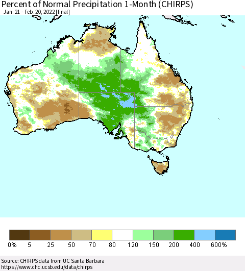 Australia Percent of Normal Precipitation 1-Month (CHIRPS) Thematic Map For 1/21/2022 - 2/20/2022