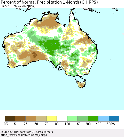 Australia Percent of Normal Precipitation 1-Month (CHIRPS) Thematic Map For 1/26/2022 - 2/25/2022