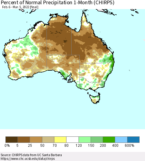 Australia Percent of Normal Precipitation 1-Month (CHIRPS) Thematic Map For 2/6/2022 - 3/5/2022