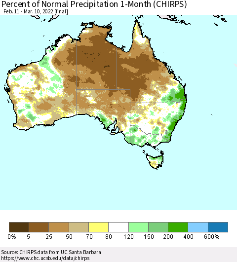 Australia Percent of Normal Precipitation 1-Month (CHIRPS) Thematic Map For 2/11/2022 - 3/10/2022