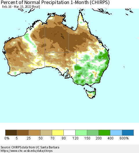 Australia Percent of Normal Precipitation 1-Month (CHIRPS) Thematic Map For 2/16/2022 - 3/15/2022