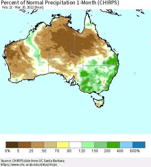 Australia Percent of Normal Precipitation 1-Month (CHIRPS) Thematic Map For 2/21/2022 - 3/20/2022