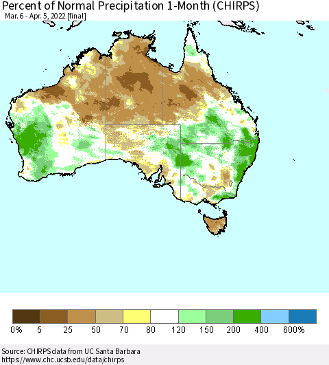 Australia Percent of Normal Precipitation 1-Month (CHIRPS) Thematic Map For 3/6/2022 - 4/5/2022