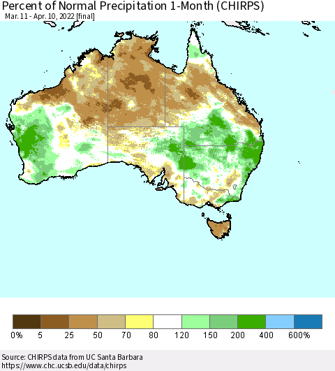 Australia Percent of Normal Precipitation 1-Month (CHIRPS) Thematic Map For 3/11/2022 - 4/10/2022