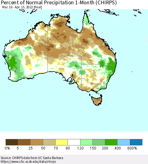 Australia Percent of Normal Precipitation 1-Month (CHIRPS) Thematic Map For 3/16/2022 - 4/15/2022