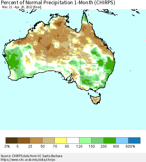 Australia Percent of Normal Precipitation 1-Month (CHIRPS) Thematic Map For 3/21/2022 - 4/20/2022