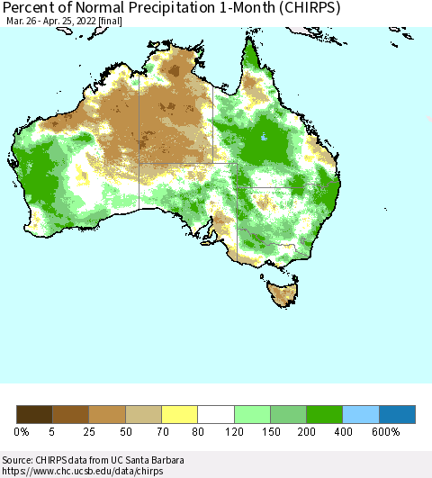 Australia Percent of Normal Precipitation 1-Month (CHIRPS) Thematic Map For 3/26/2022 - 4/25/2022