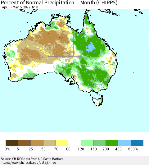 Australia Percent of Normal Precipitation 1-Month (CHIRPS) Thematic Map For 4/6/2022 - 5/5/2022