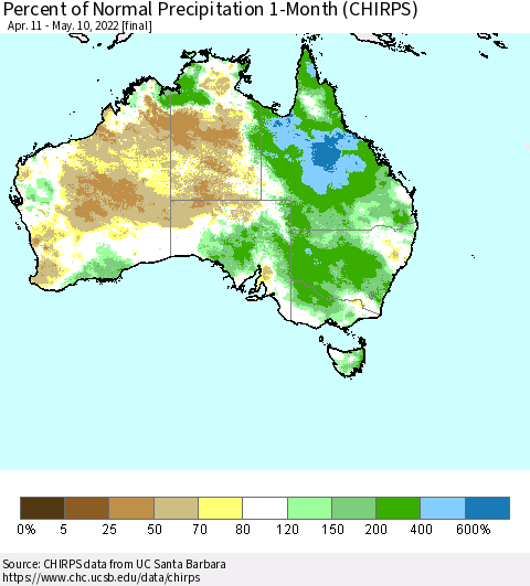 Australia Percent of Normal Precipitation 1-Month (CHIRPS) Thematic Map For 4/11/2022 - 5/10/2022