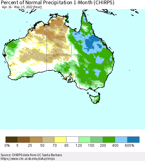 Australia Percent of Normal Precipitation 1-Month (CHIRPS) Thematic Map For 4/16/2022 - 5/15/2022
