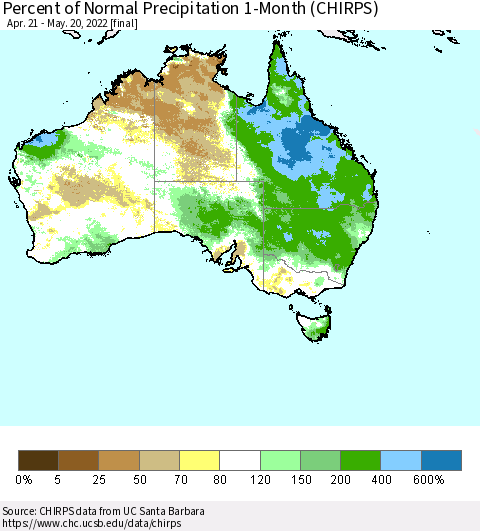 Australia Percent of Normal Precipitation 1-Month (CHIRPS) Thematic Map For 4/21/2022 - 5/20/2022