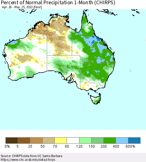 Australia Percent of Normal Precipitation 1-Month (CHIRPS) Thematic Map For 4/26/2022 - 5/25/2022
