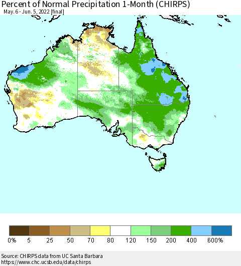 Australia Percent of Normal Precipitation 1-Month (CHIRPS) Thematic Map For 5/6/2022 - 6/5/2022