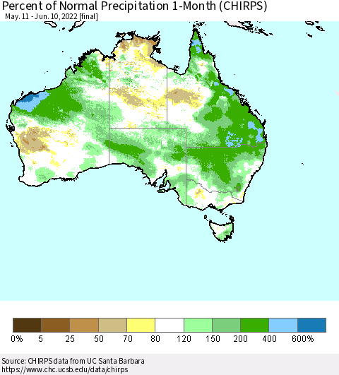 Australia Percent of Normal Precipitation 1-Month (CHIRPS) Thematic Map For 5/11/2022 - 6/10/2022