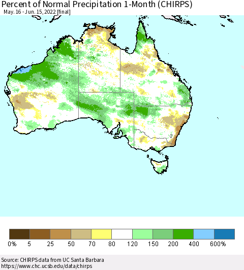 Australia Percent of Normal Precipitation 1-Month (CHIRPS) Thematic Map For 5/16/2022 - 6/15/2022