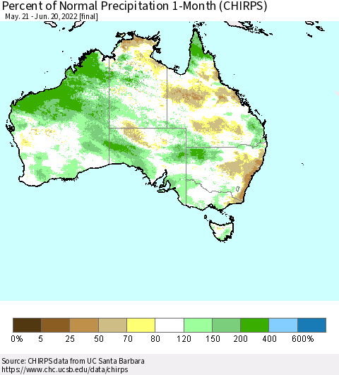 Australia Percent of Normal Precipitation 1-Month (CHIRPS) Thematic Map For 5/21/2022 - 6/20/2022