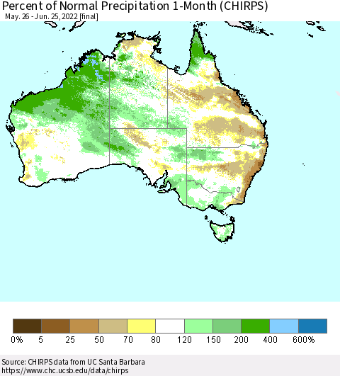 Australia Percent of Normal Precipitation 1-Month (CHIRPS) Thematic Map For 5/26/2022 - 6/25/2022