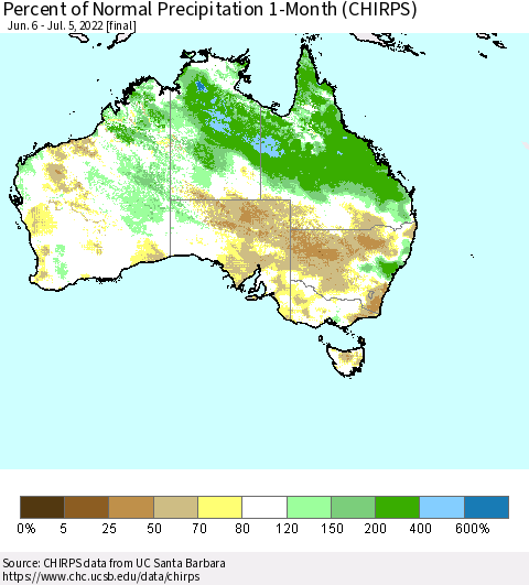 Australia Percent of Normal Precipitation 1-Month (CHIRPS) Thematic Map For 6/6/2022 - 7/5/2022