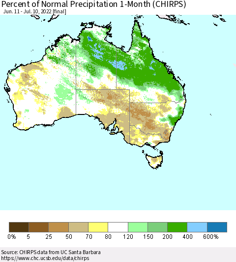 Australia Percent of Normal Precipitation 1-Month (CHIRPS) Thematic Map For 6/11/2022 - 7/10/2022