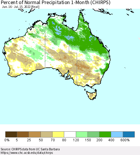Australia Percent of Normal Precipitation 1-Month (CHIRPS) Thematic Map For 6/16/2022 - 7/15/2022