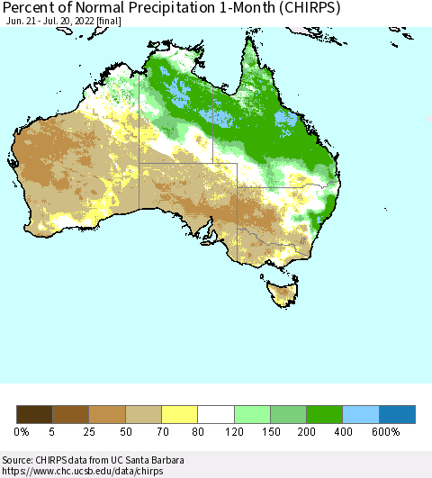 Australia Percent of Normal Precipitation 1-Month (CHIRPS) Thematic Map For 6/21/2022 - 7/20/2022