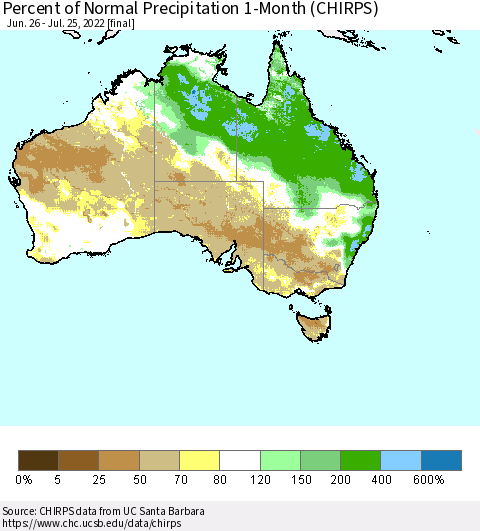 Australia Percent of Normal Precipitation 1-Month (CHIRPS) Thematic Map For 6/26/2022 - 7/25/2022