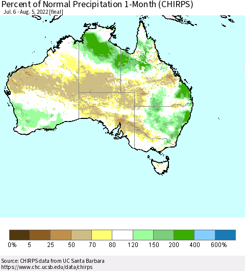 Australia Percent of Normal Precipitation 1-Month (CHIRPS) Thematic Map For 7/6/2022 - 8/5/2022