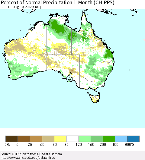 Australia Percent of Normal Precipitation 1-Month (CHIRPS) Thematic Map For 7/11/2022 - 8/10/2022