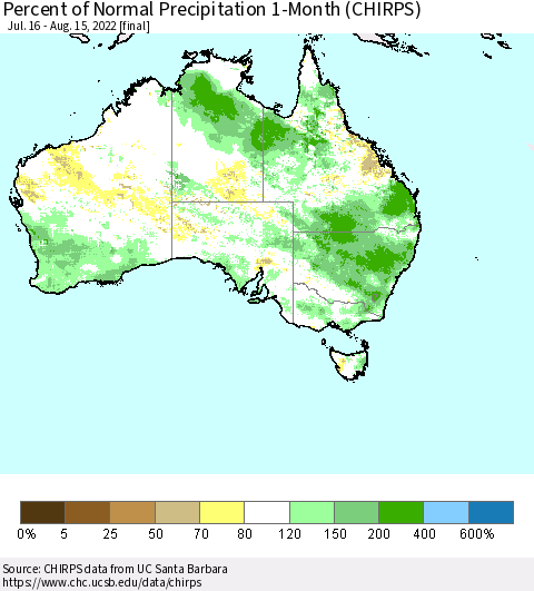 Australia Percent of Normal Precipitation 1-Month (CHIRPS) Thematic Map For 7/16/2022 - 8/15/2022