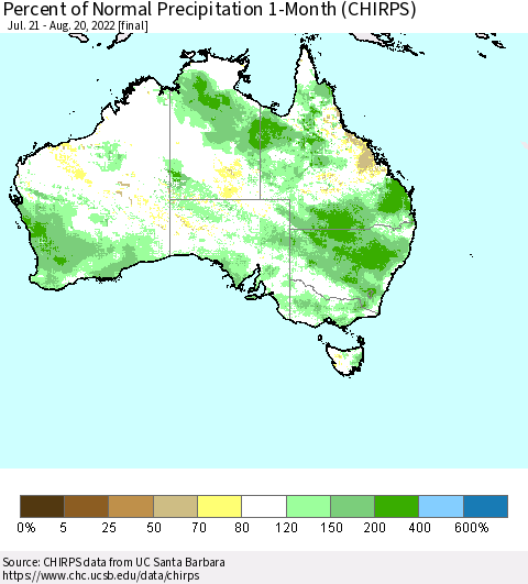Australia Percent of Normal Precipitation 1-Month (CHIRPS) Thematic Map For 7/21/2022 - 8/20/2022