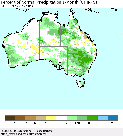 Australia Percent of Normal Precipitation 1-Month (CHIRPS) Thematic Map For 7/26/2022 - 8/25/2022