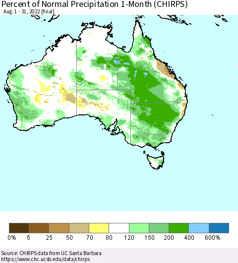 Australia Percent of Normal Precipitation 1-Month (CHIRPS) Thematic Map For 8/1/2022 - 8/31/2022