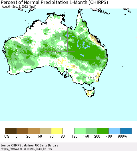 Australia Percent of Normal Precipitation 1-Month (CHIRPS) Thematic Map For 8/6/2022 - 9/5/2022