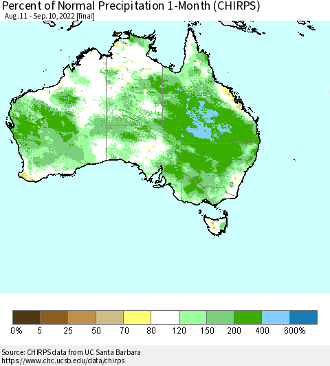 Australia Percent of Normal Precipitation 1-Month (CHIRPS) Thematic Map For 8/11/2022 - 9/10/2022