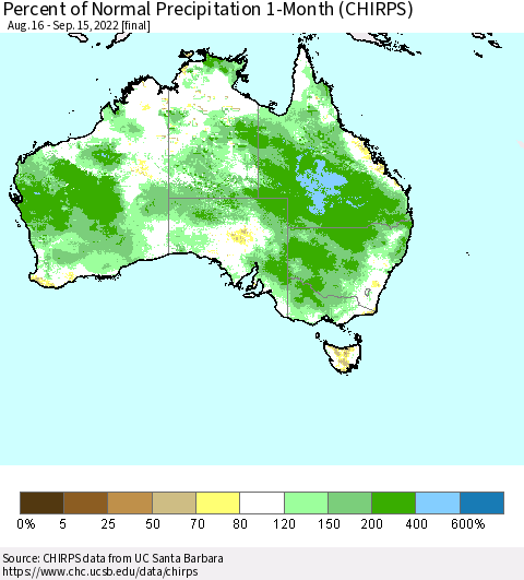 Australia Percent of Normal Precipitation 1-Month (CHIRPS) Thematic Map For 8/16/2022 - 9/15/2022