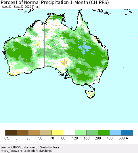 Australia Percent of Normal Precipitation 1-Month (CHIRPS) Thematic Map For 8/21/2022 - 9/20/2022