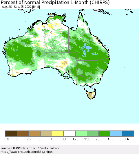 Australia Percent of Normal Precipitation 1-Month (CHIRPS) Thematic Map For 8/26/2022 - 9/25/2022