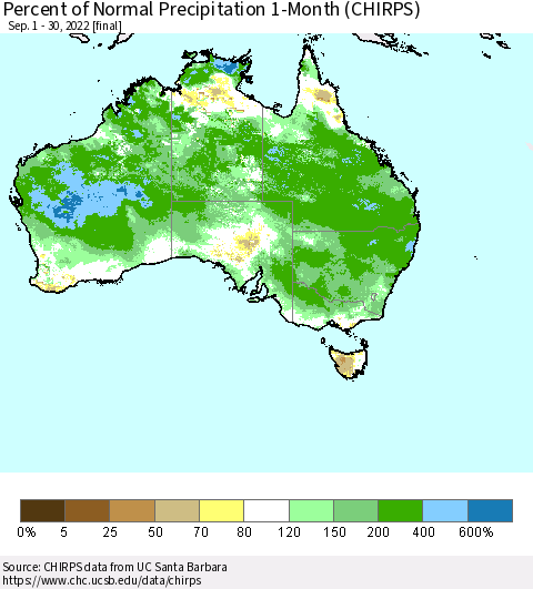 Australia Percent of Normal Precipitation 1-Month (CHIRPS) Thematic Map For 9/1/2022 - 9/30/2022