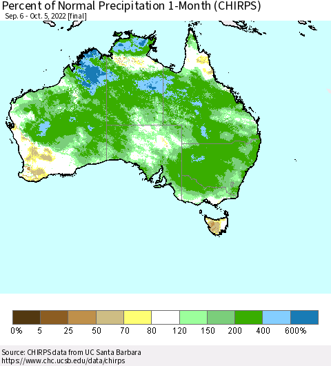 Australia Percent of Normal Precipitation 1-Month (CHIRPS) Thematic Map For 9/6/2022 - 10/5/2022