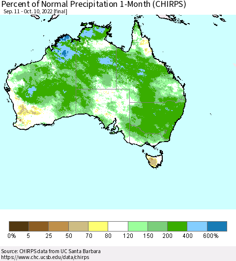 Australia Percent of Normal Precipitation 1-Month (CHIRPS) Thematic Map For 9/11/2022 - 10/10/2022