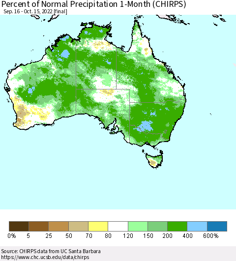 Australia Percent of Normal Precipitation 1-Month (CHIRPS) Thematic Map For 9/16/2022 - 10/15/2022