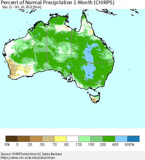 Australia Percent of Normal Precipitation 1-Month (CHIRPS) Thematic Map For 9/21/2022 - 10/20/2022