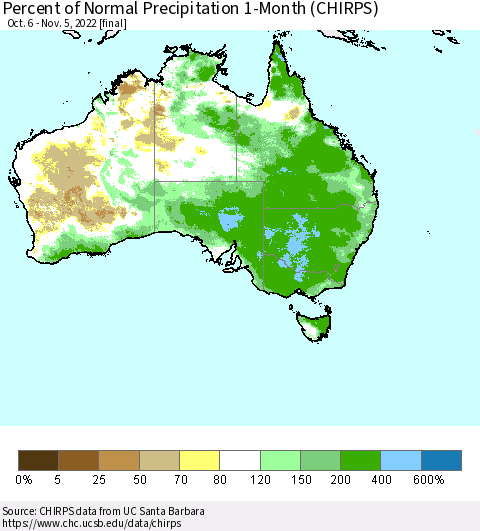 Australia Percent of Normal Precipitation 1-Month (CHIRPS) Thematic Map For 10/6/2022 - 11/5/2022