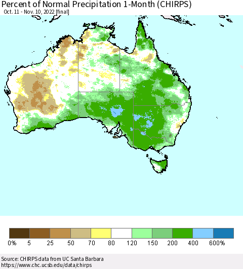 Australia Percent of Normal Precipitation 1-Month (CHIRPS) Thematic Map For 10/11/2022 - 11/10/2022