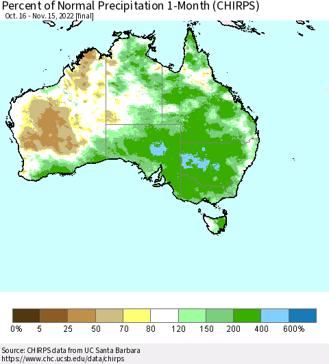 Australia Percent of Normal Precipitation 1-Month (CHIRPS) Thematic Map For 10/16/2022 - 11/15/2022