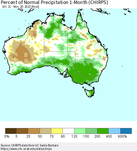 Australia Percent of Normal Precipitation 1-Month (CHIRPS) Thematic Map For 10/21/2022 - 11/20/2022
